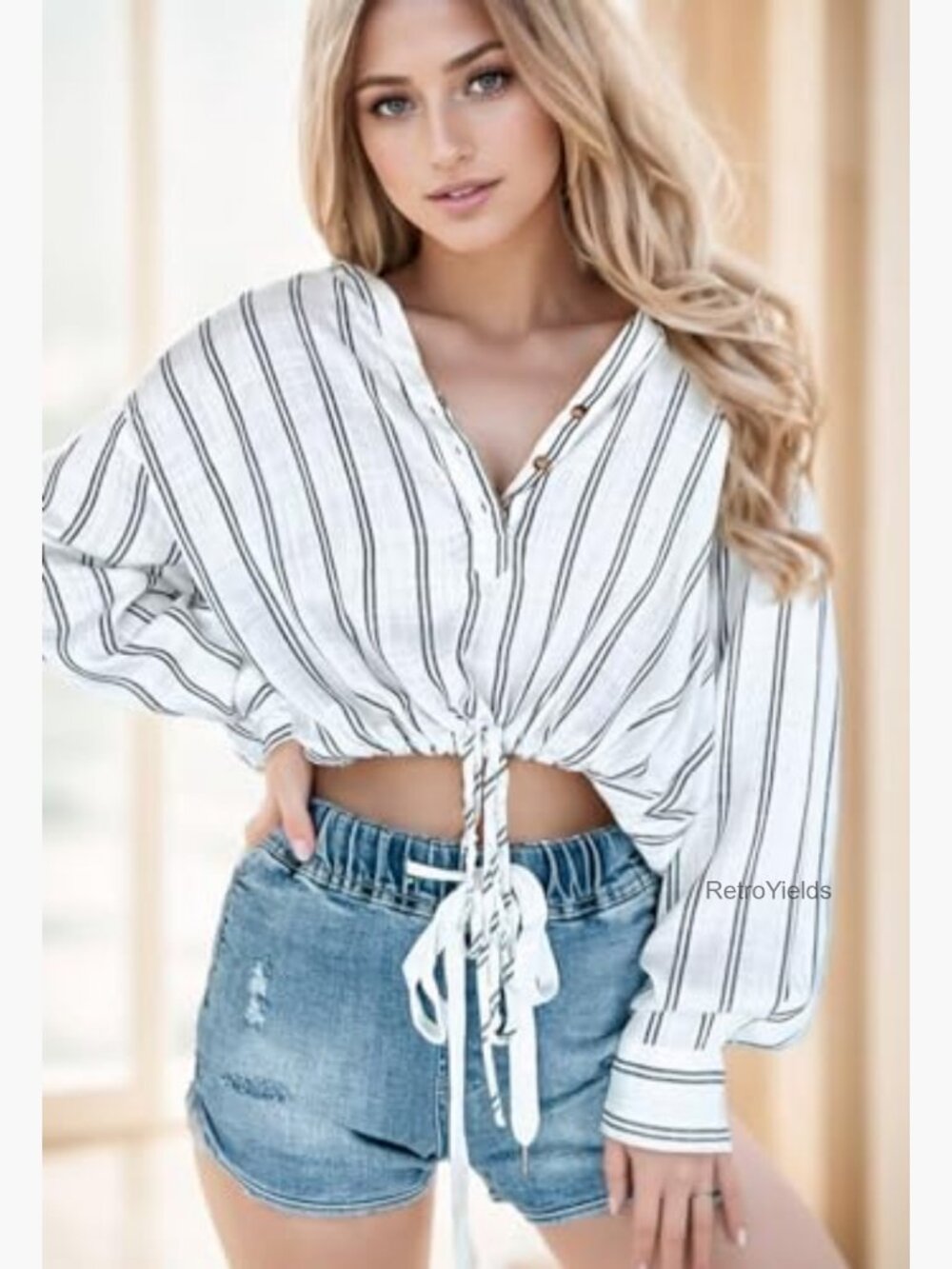 Cropped Button Down Shirt Oversized Striped Long Sleeve Drawstring Hem Blouse - Picture 2 of 7